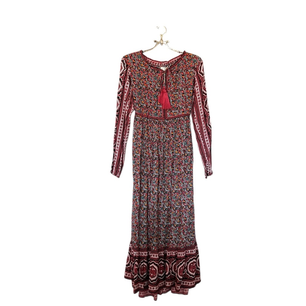 NWT Natural Life Long Sleeve Black and Red Boho Maxi Floral Dress Size M